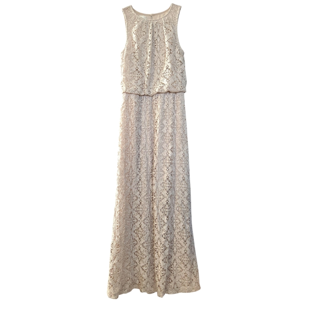 Boho Crochet Maxi Dress Size 6 Beige Neutral Sleeveless Lined Beach Wedding